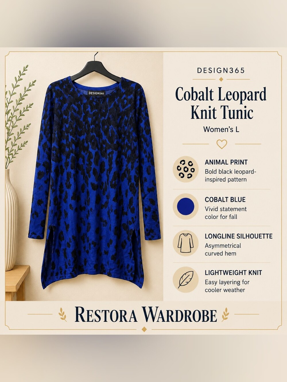 Design365 Maximalist Leopard Print Sweater Tunic L Cobalt Blue Black Knit